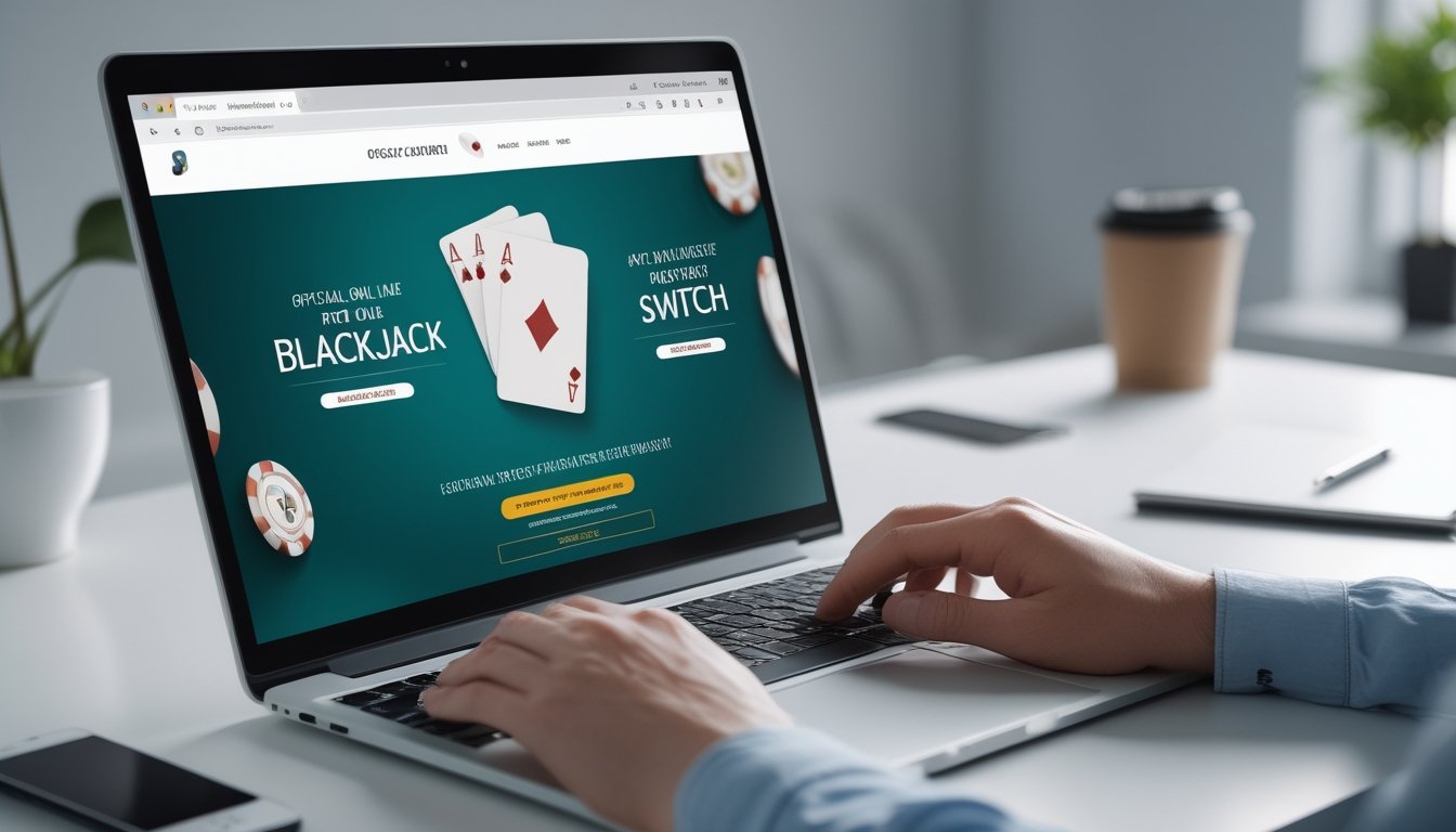 Seseorang menggunakan laptop di meja kerja yang rapi dengan layar menampilkan permainan blackjack dan chip kasino.