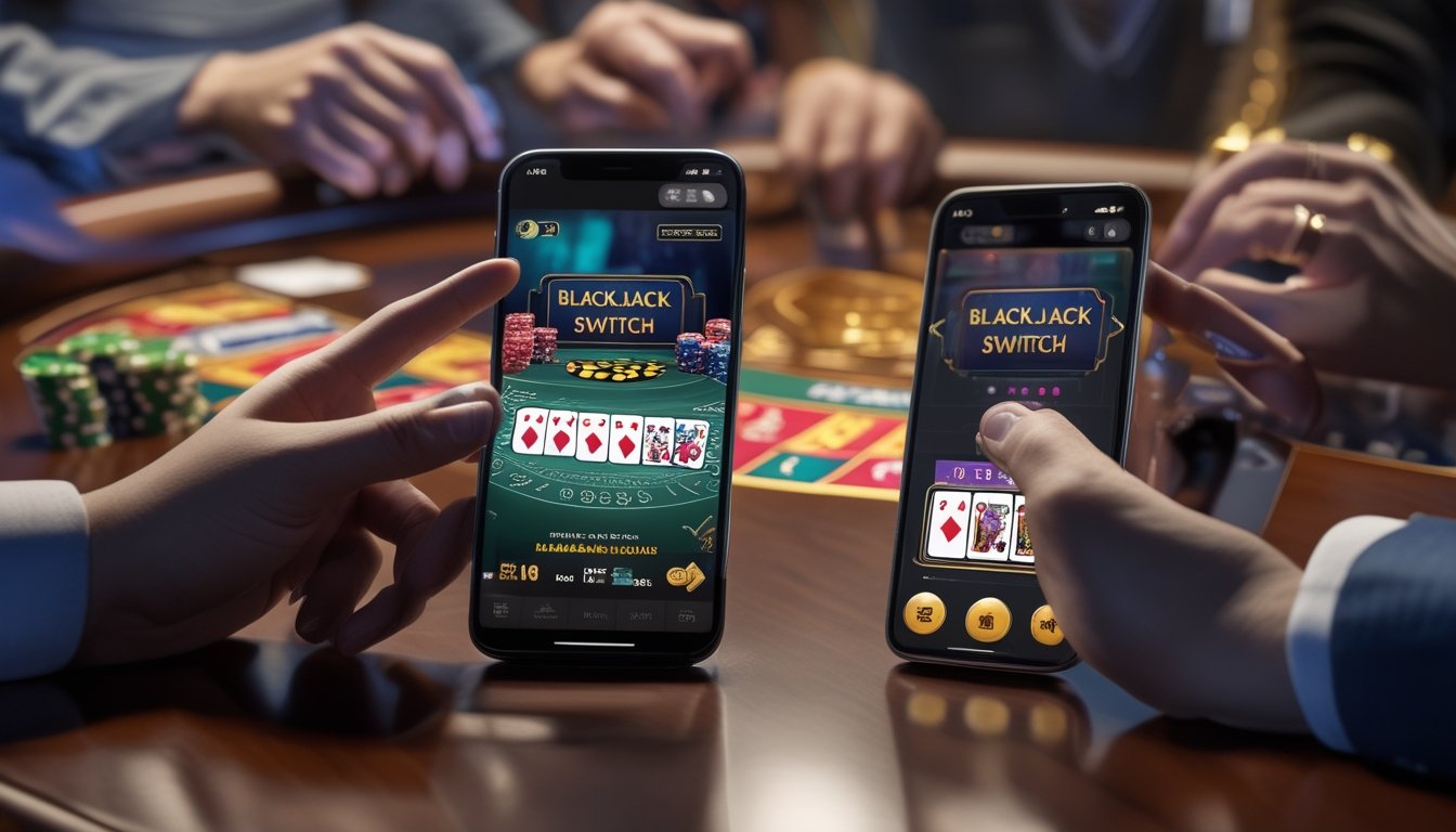 Beberapa orang menggunakan smartphone dan perangkat Android untuk bermain Blackjack Switch di meja kasino.