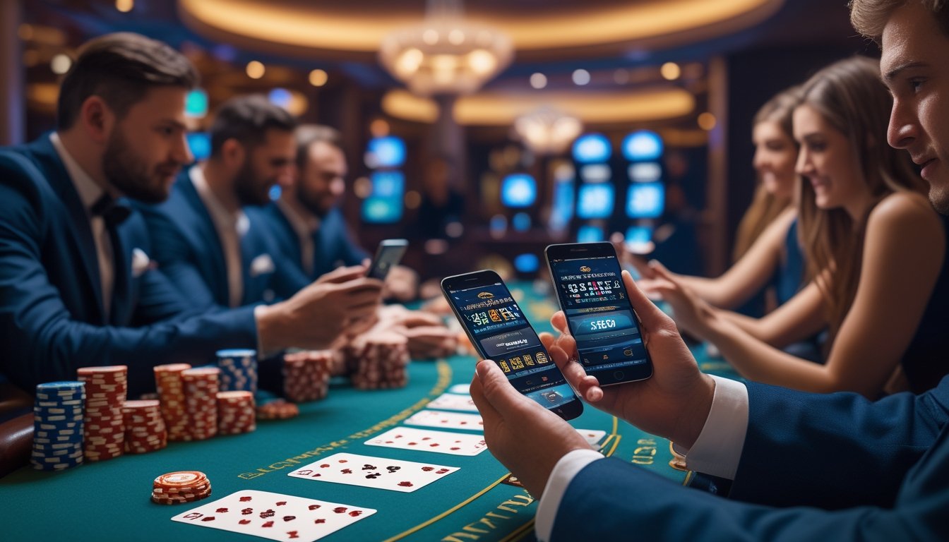 Meja blackjack dengan beberapa pemain menggunakan ponsel Android dan iPhone, dealer mengatur kartu di kasino modern.