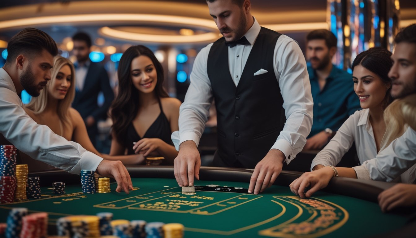 Seorang dealer dan beberapa pemain sedang bermain blackjack switch di meja kasino dengan suasana yang cerah dan profesional.