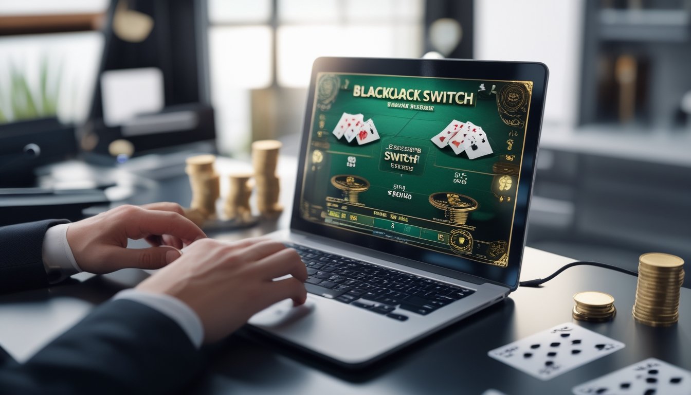 Seseorang bermain Blackjack Switch online di komputer dengan kartu dan chip di meja.