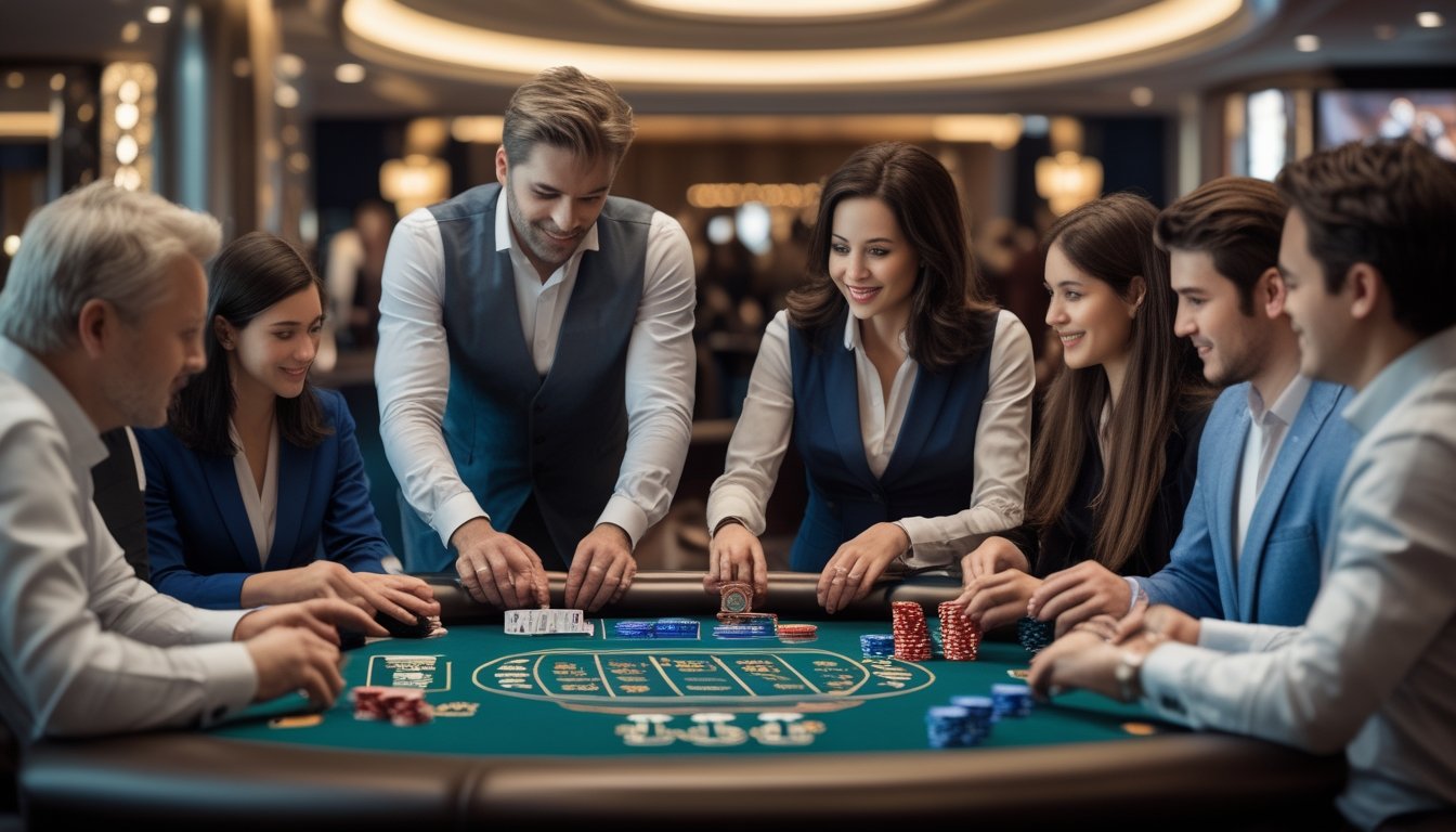 Meja blackjack switch di kasino dengan beberapa orang bermain dan suasana yang mewah dan stabil.
