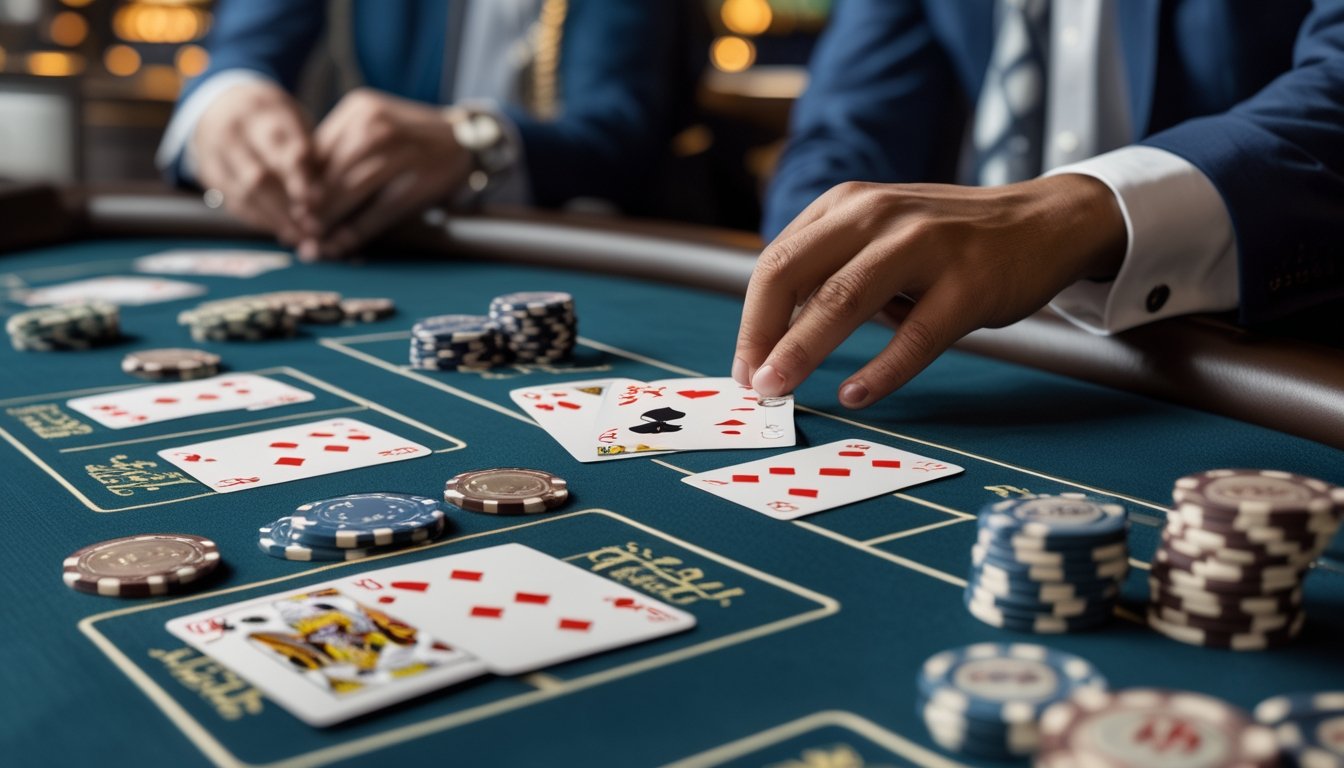 Meja kasino dengan kartu dan chip Blackjack Switch, seorang pemain sedang menukar kartu di depan dealer.