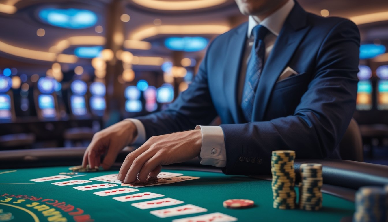 Seorang dealer berjubah rapi sedang membagikan kartu di meja Bandar Blackjack Switch di kasino modern dengan tumpukan chip dan suasana yang ramai.