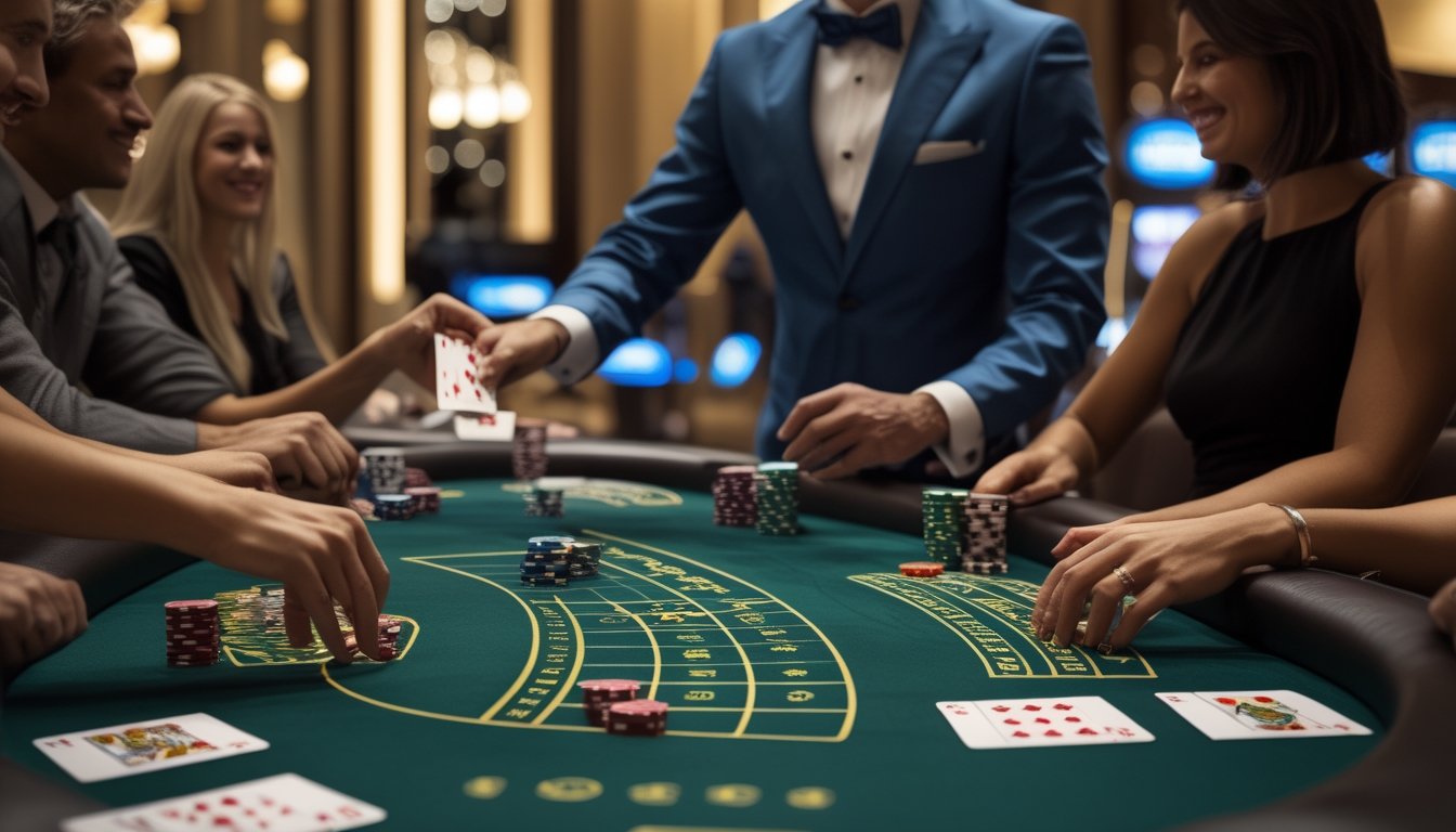 Seorang dealer dan pemain sedang bermain Blackjack Switch di meja kasino yang elegan dan terang.