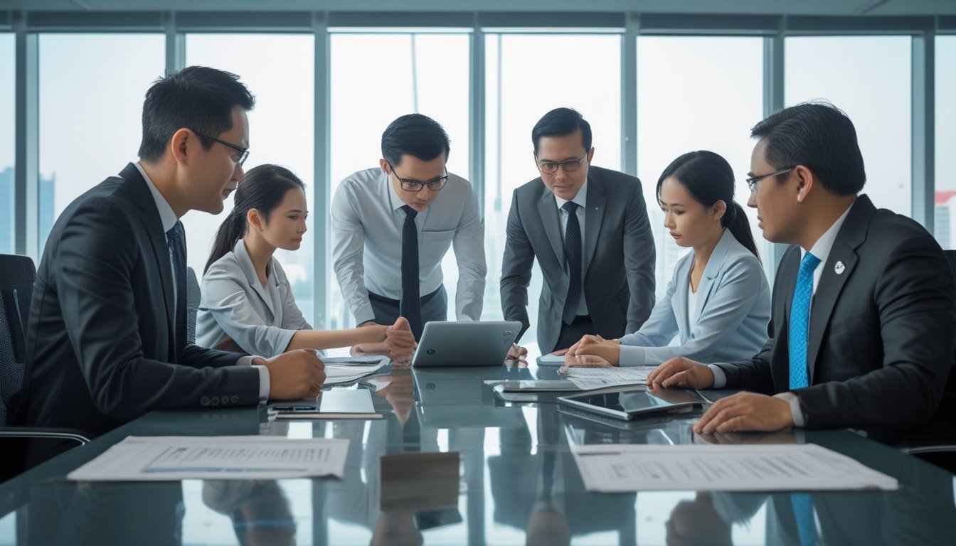 Sekelompok profesional Indonesia sedang berdiskusi di ruang kantor modern dengan pemandangan kota di latar belakang.