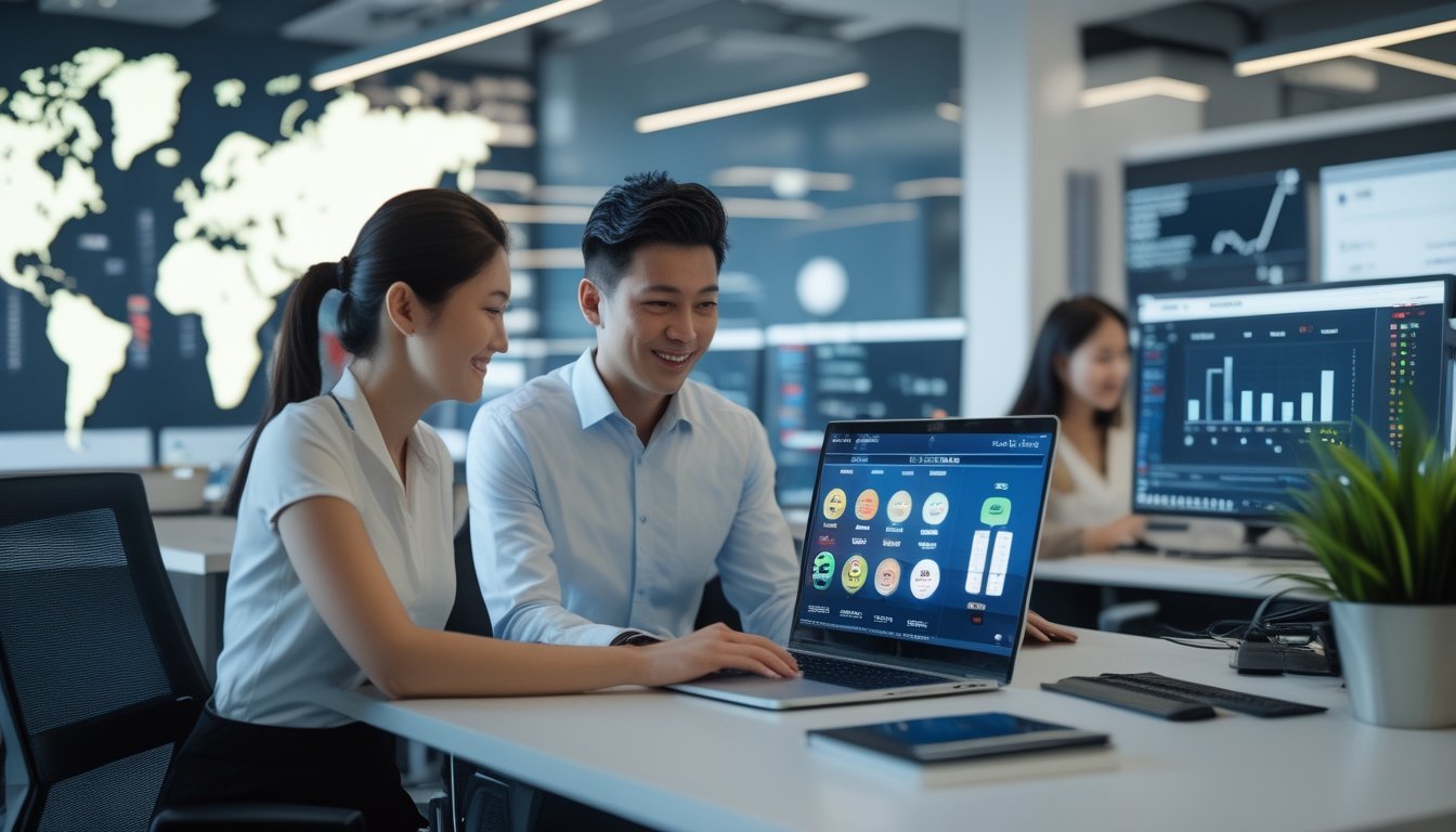 Dua orang profesional sedang bekerja bersama di kantor dengan laptop dan layar komputer yang menampilkan data terkait lotere.