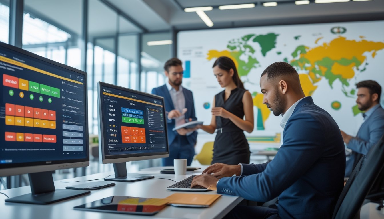 Seorang tim profesional bekerja bersama di kantor modern dengan komputer dan layar yang menampilkan data lotere dan peta Sydney.