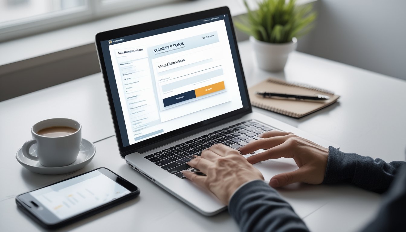Seseorang sedang mengetik di laptop dengan formulir pendaftaran online, dikelilingi oleh ponsel, buku catatan, dan secangkir kopi di meja kerja.