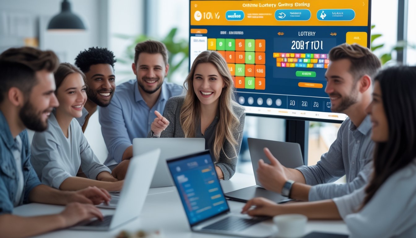 Sekelompok orang muda di kantor modern sedang berdiskusi dan menggunakan perangkat digital untuk bermain lotere online.