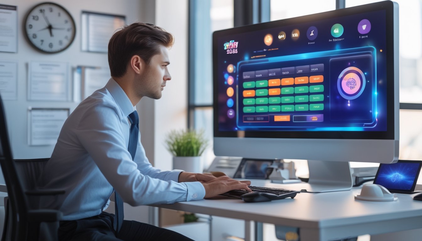 Seorang profesional menggunakan komputer di kantor modern dengan layar menampilkan antarmuka permainan online, suasana cerah dan rapi dengan elemen yang menunjukkan layanan terpercaya 24 jam.