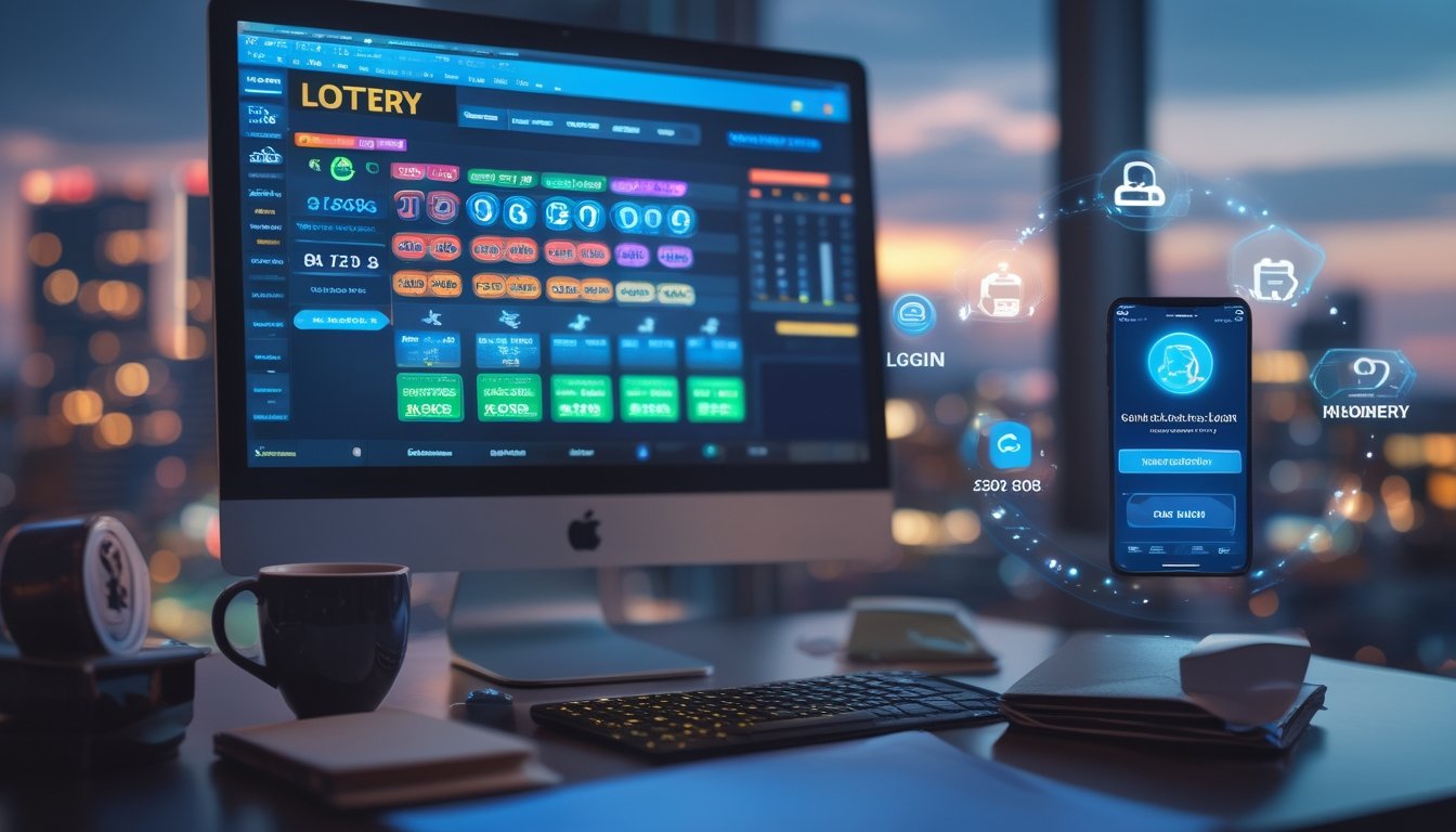 Meja kerja modern dengan komputer dan ponsel yang menampilkan antarmuka permainan togel online, latar belakang kota malam hari dengan lampu menyala.
