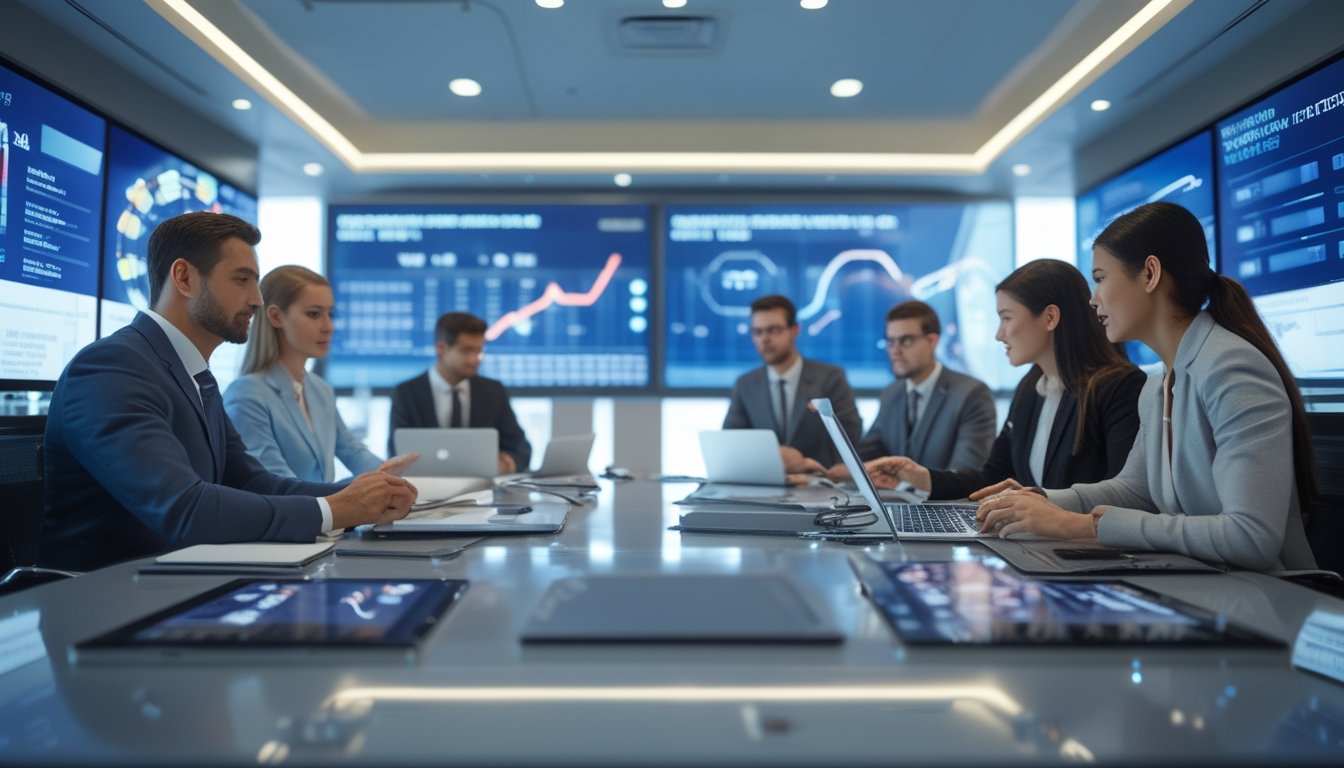 Sekelompok profesional bisnis sedang berdiskusi di ruang kantor modern dengan perangkat digital dan layar yang menampilkan grafik keuangan.