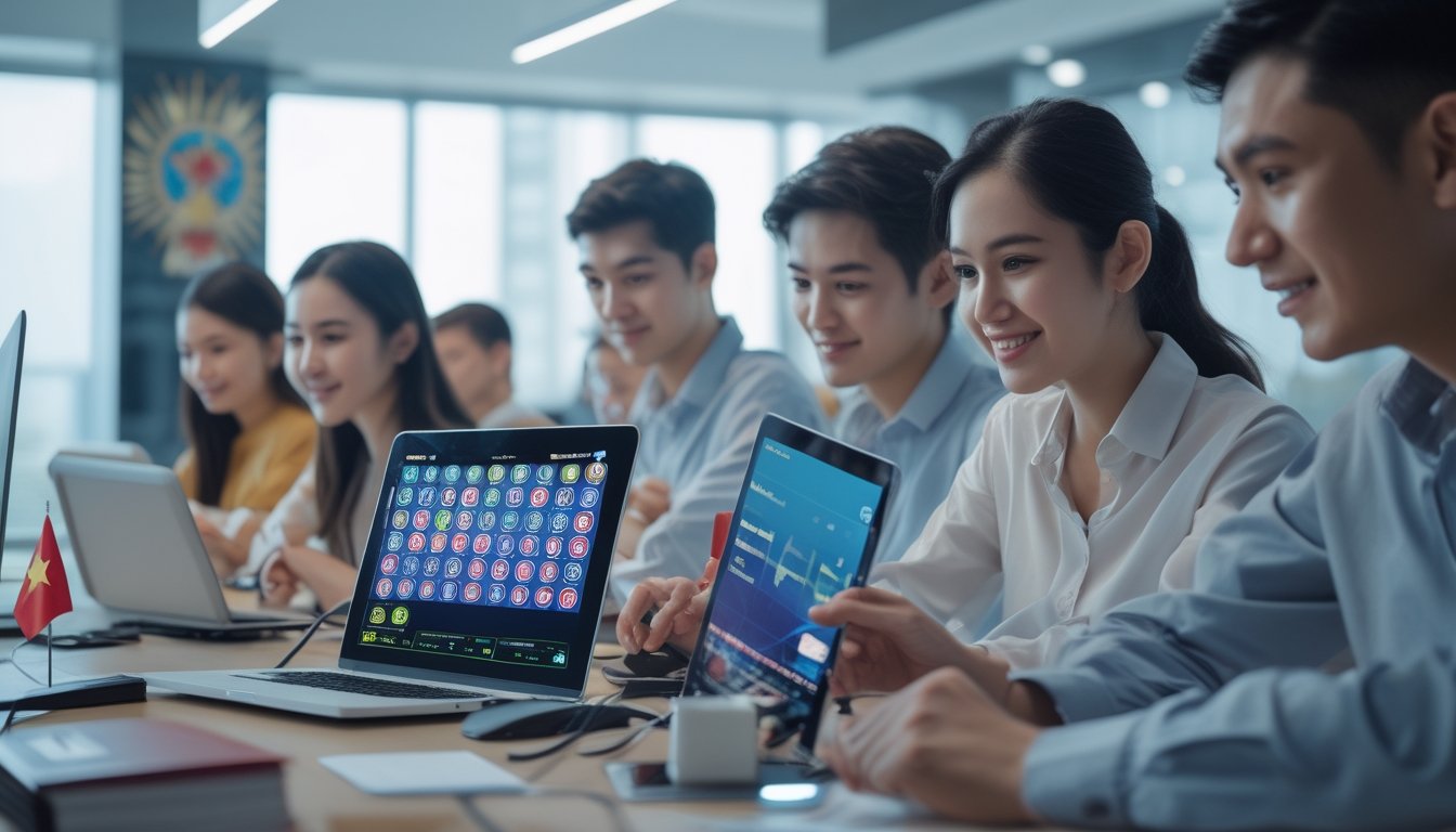 Sekelompok orang muda sedang menggunakan perangkat digital di kantor modern dengan elemen budaya Indonesia, fokus pada permainan lotere online.