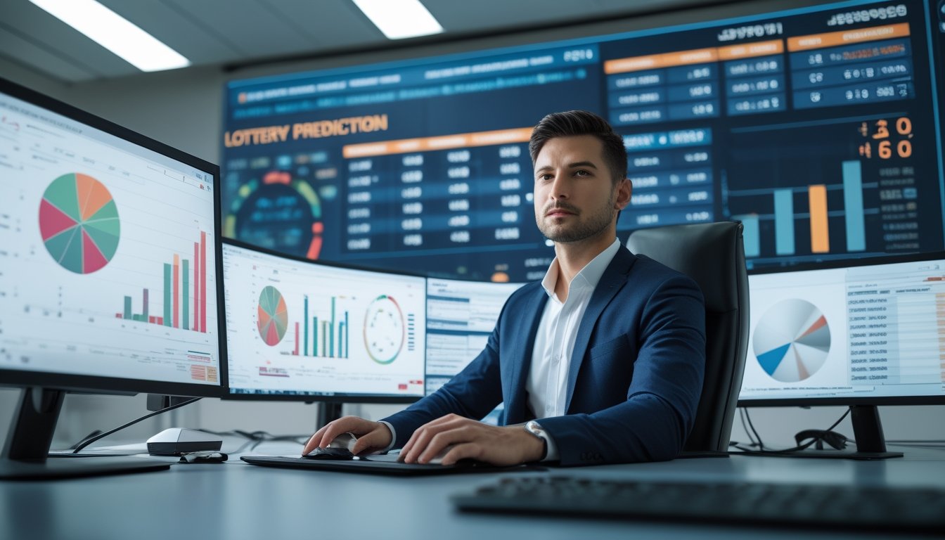 Seorang profesional bekerja di kantor modern dengan beberapa layar komputer yang menampilkan data dan grafik prediksi togel.