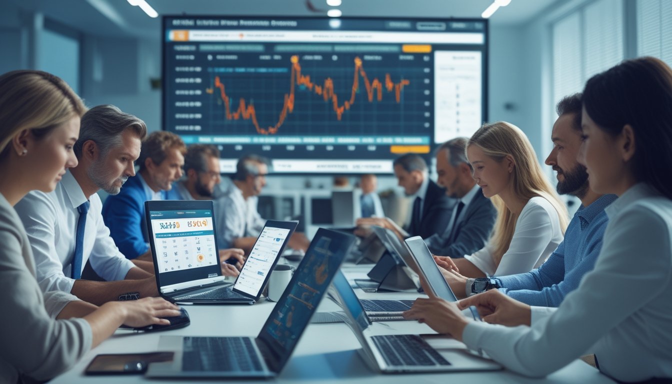 Beberapa orang sedang menggunakan perangkat digital di kantor modern dengan layar besar menampilkan hasil dan grafik prediksi togel.