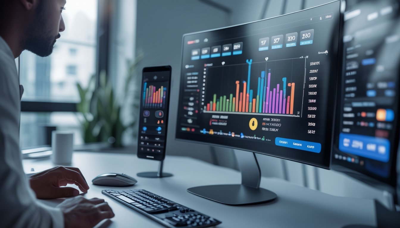 Meja kerja modern dengan komputer dan ponsel menampilkan antarmuka digital terkait permainan togel, dengan tangan seseorang yang sedang menggunakan perangkat tersebut.