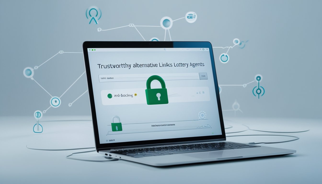 Sebuah laptop modern di meja kerja dengan tampilan situs web aman dan ikon gembok hijau, dikelilingi elemen digital yang melambangkan konektivitas dan keamanan.