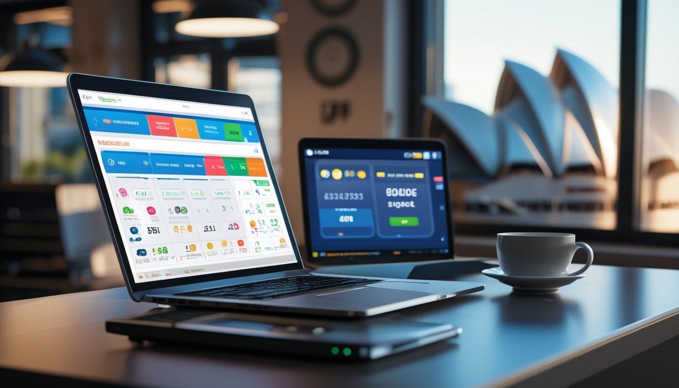 Meja kerja modern dengan laptop dan ponsel yang menampilkan aplikasi lotere online, latar belakang kota Sydney terlihat samar melalui jendela.