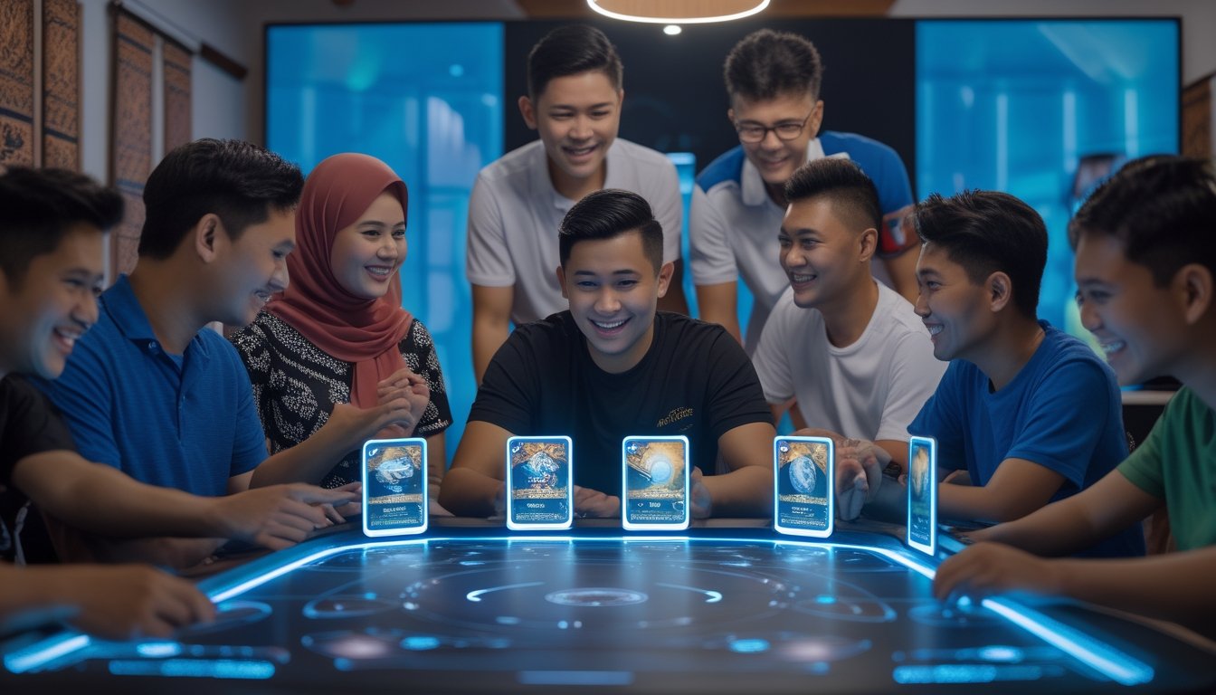Sekelompok orang muda Indonesia sedang bermain permainan kartu multiplayer secara online di meja digital dengan suasana ceria dan interaktif.