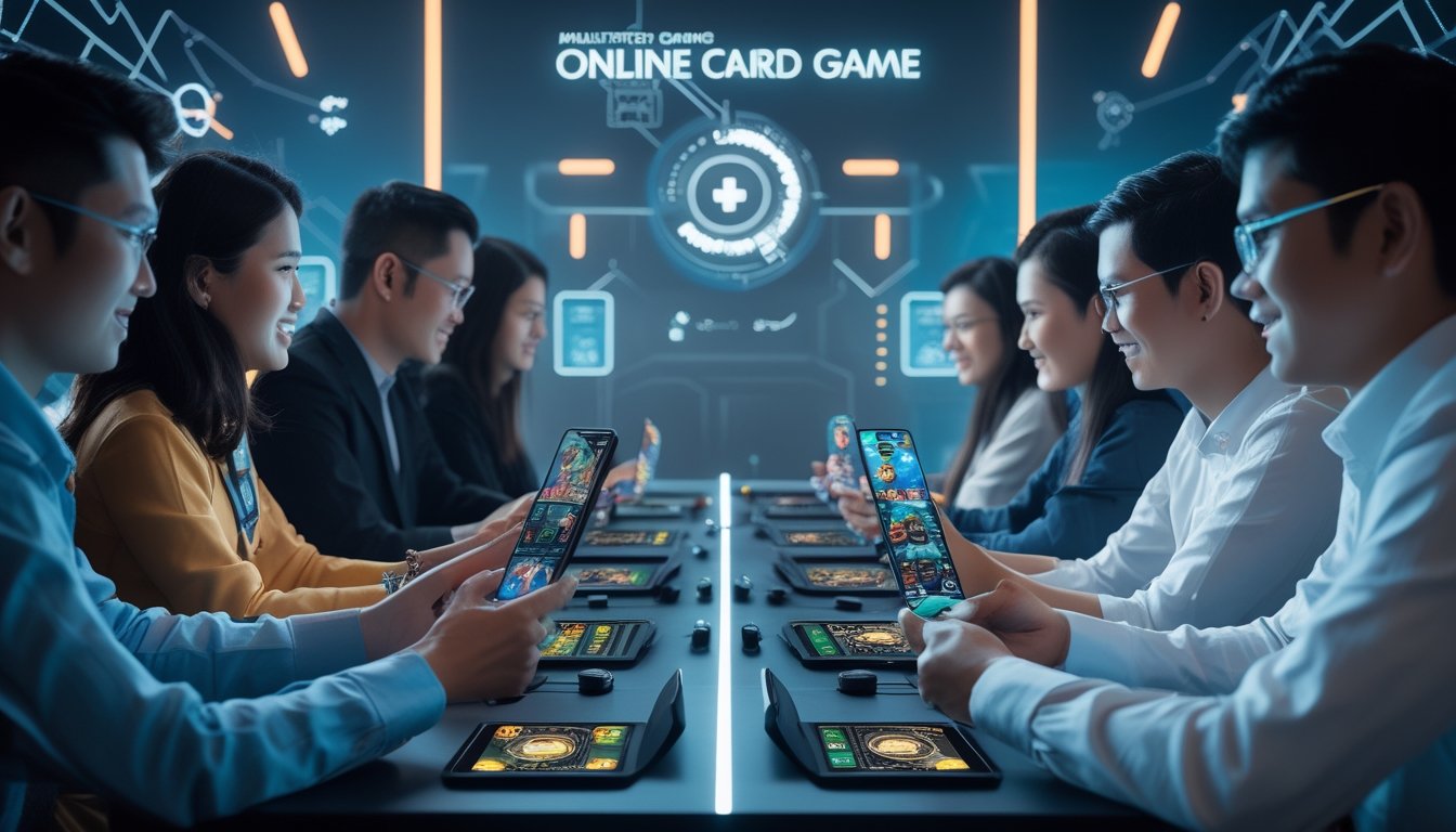 Sekelompok pemain muda Indonesia sedang bermain game kartu multiplayer secara online menggunakan perangkat digital di meja modern.