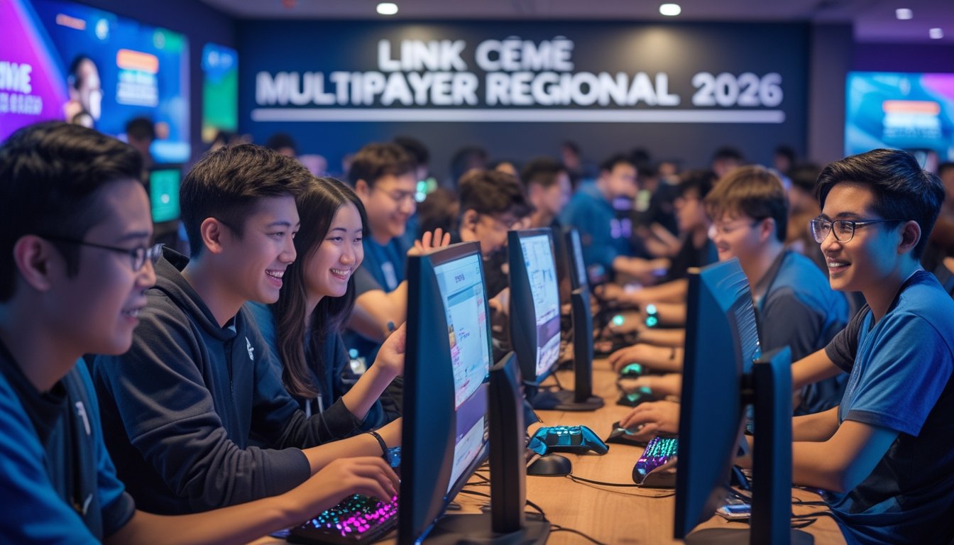 Sekelompok orang muda sedang bermain game multiplayer di sebuah ruang bermain modern dengan lampu warna-warni dan suasana penuh semangat.