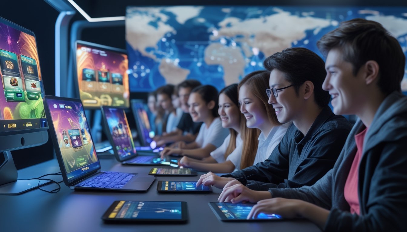 Sekelompok orang muda bermain permainan kartu online di depan komputer dengan layar menampilkan permainan kartu digital.