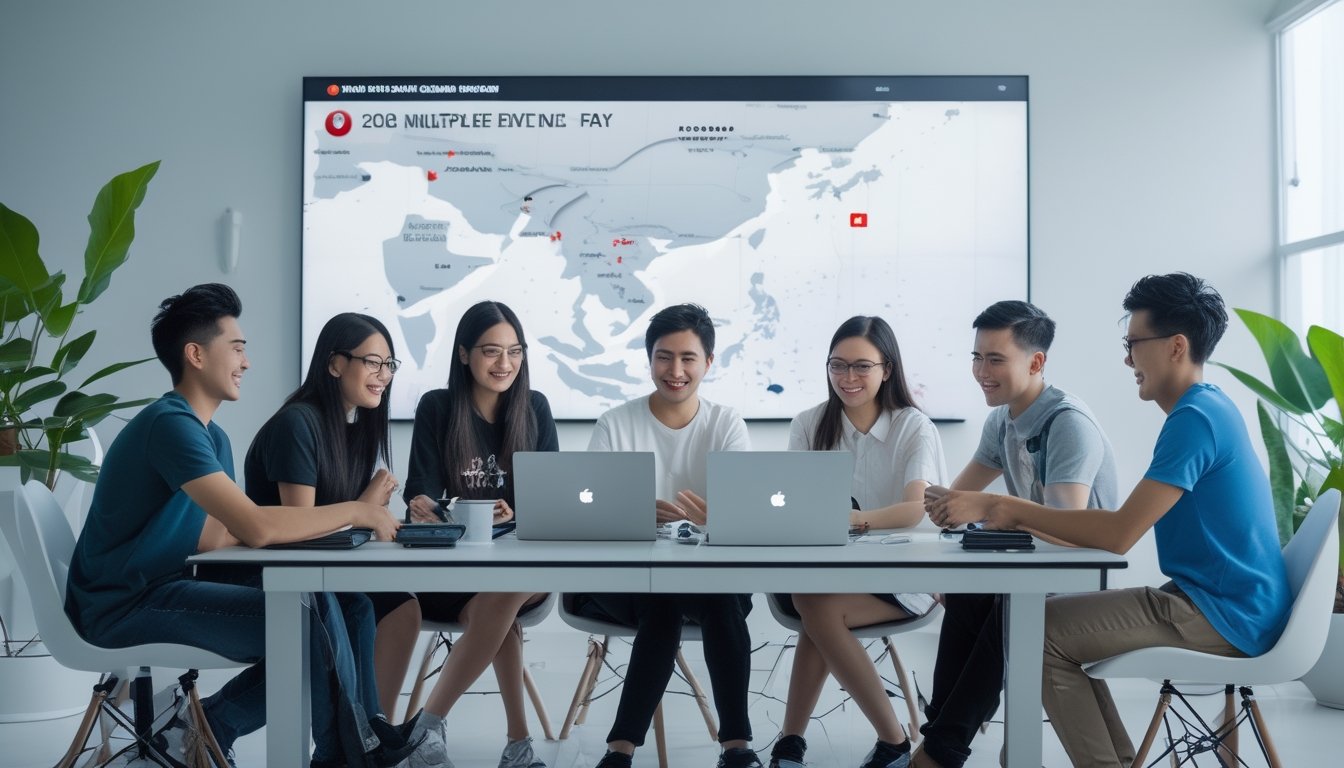 Sekelompok orang muda sedang bermain game kartu multiplayer secara online di ruang kerja modern dengan laptop dan ponsel.