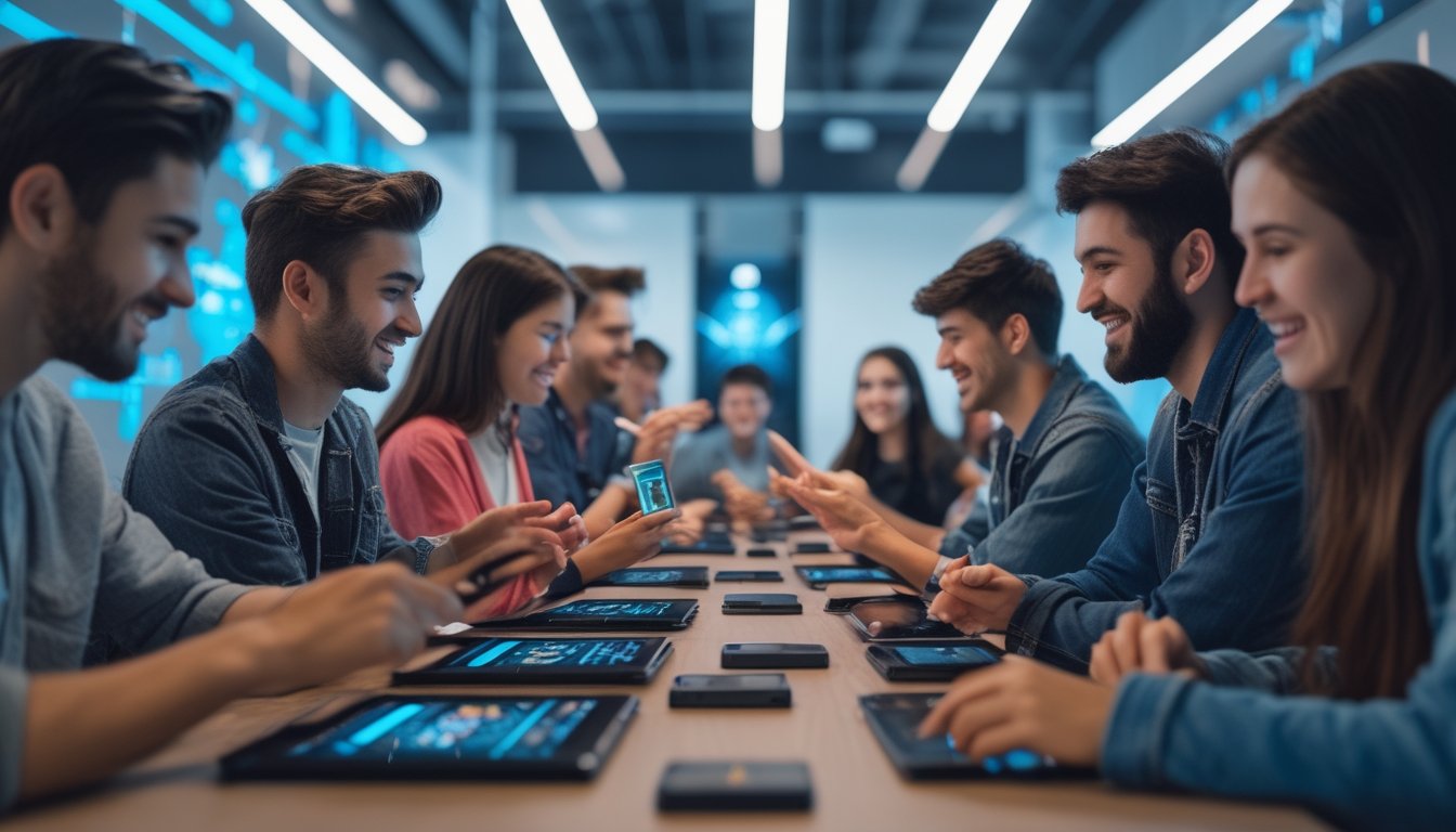 Sekelompok orang muda bermain game kartu multiplayer secara online menggunakan perangkat digital di ruangan modern yang terang.