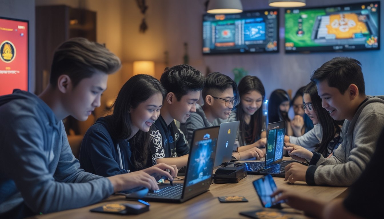 Sekelompok orang muda bermain permainan kartu Ceme secara online dengan laptop dan ponsel di ruangan yang nyaman.