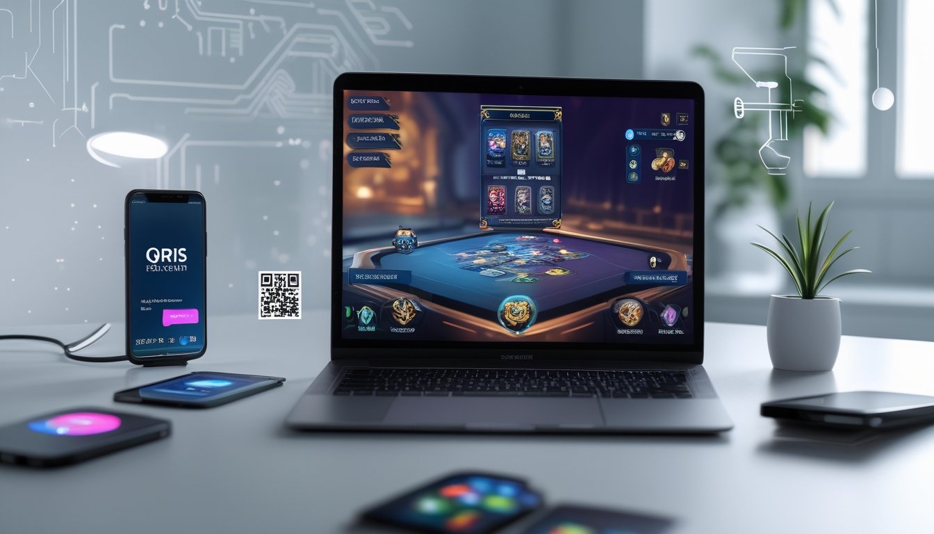 Seorang pengguna sedang bermain game kartu multiplayer online di laptop dengan ponsel menampilkan kode pembayaran QRIS di meja kerja yang rapi.