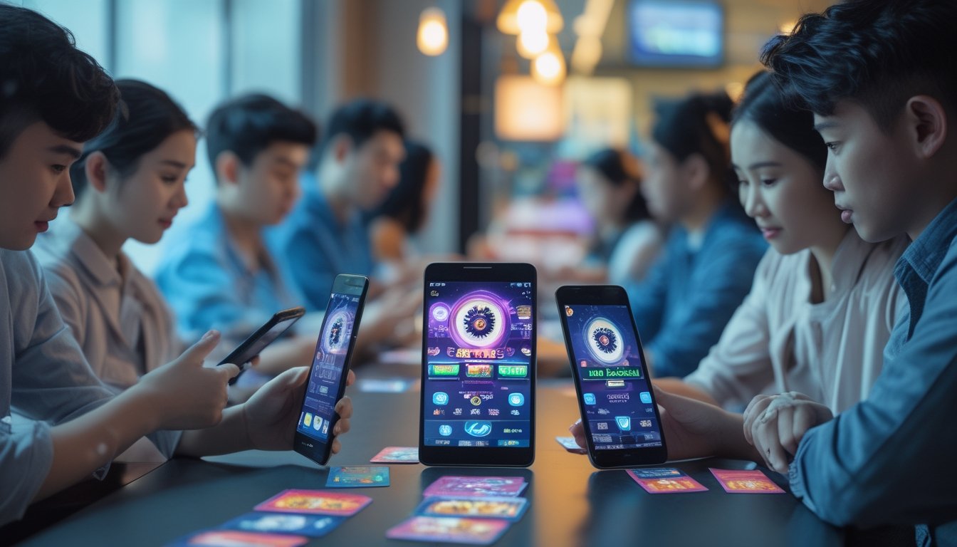 Sekelompok orang muda sedang bermain game kartu secara online menggunakan perangkat digital di lingkungan modern.