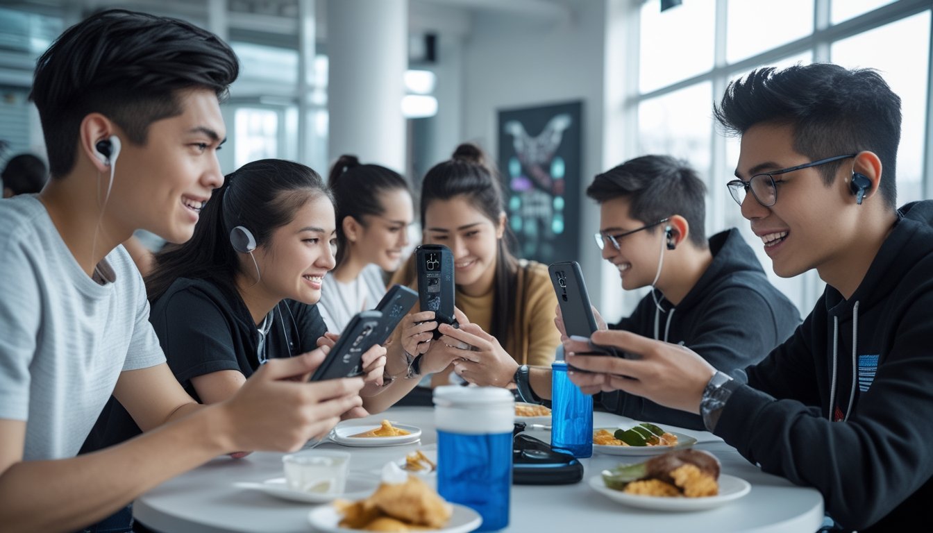Sekelompok orang muda bermain game multiplayer di ponsel Android bersama di sebuah ruangan terang.