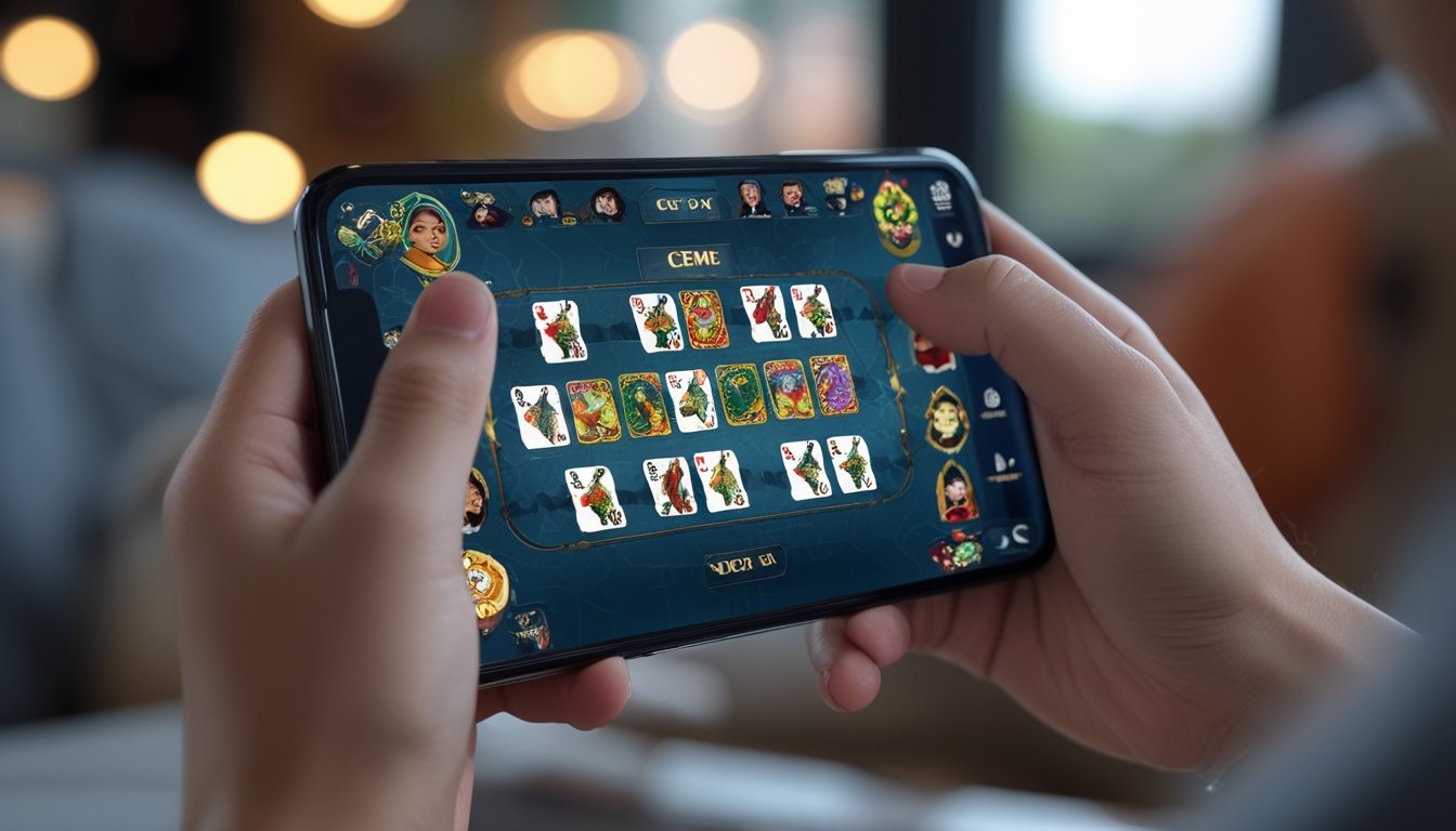 Seseorang memegang ponsel yang menampilkan permainan kartu Ceme multiplayer di layar.