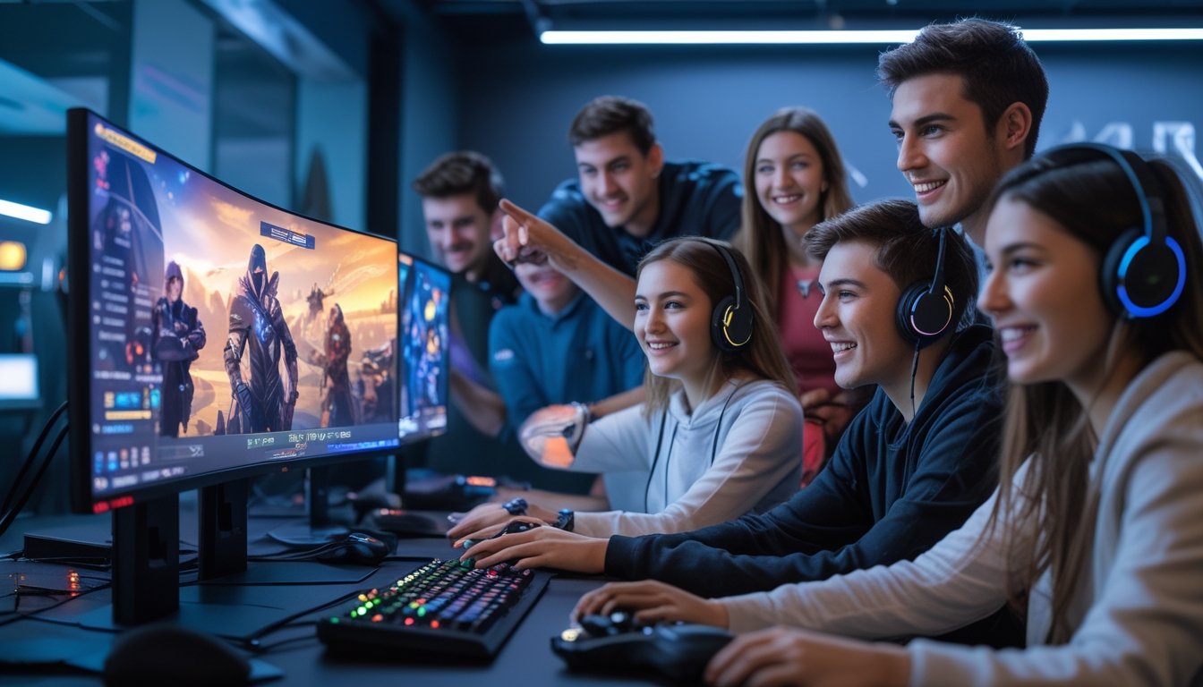 Sekelompok orang muda bermain game multiplayer bersama di ruangan gaming modern dengan komputer dan beberapa monitor.