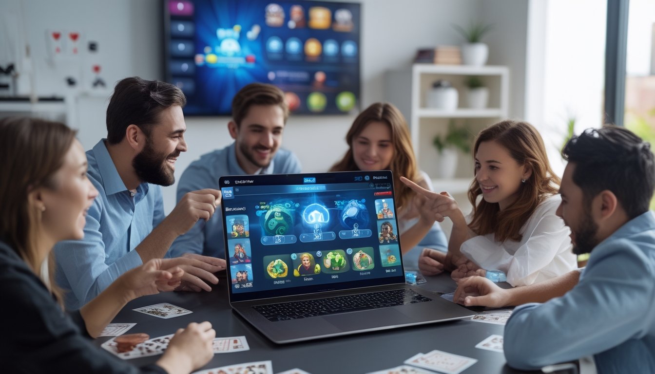 Beberapa orang sedang bermain permainan kartu digital bersama di depan laptop dalam ruangan terang.