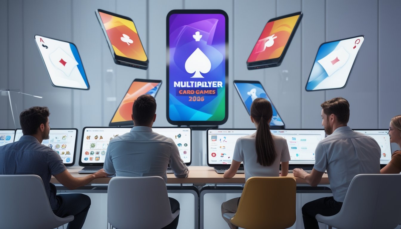 Orang-orang bermain permainan kartu online di perangkat digital dalam ruangan modern dengan suasana fokus dan antusias.