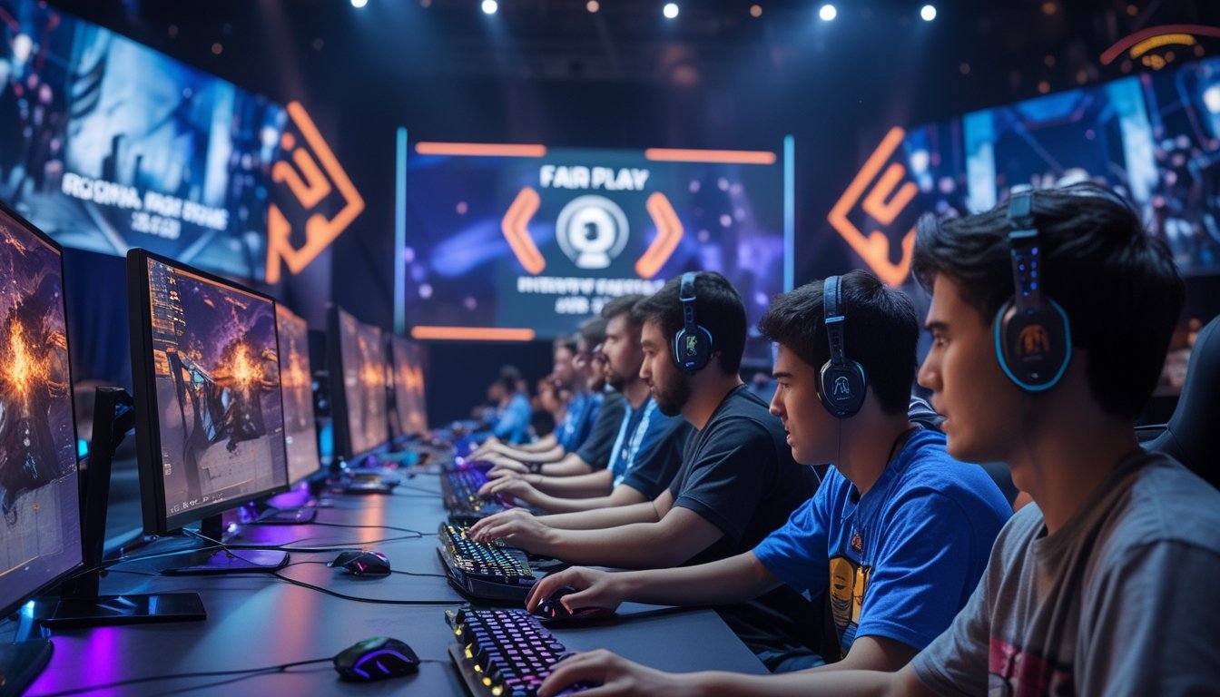 Sejumlah pemain esports sedang fokus bermain di arena kompetisi regional dengan layar besar dan penonton di latar belakang.