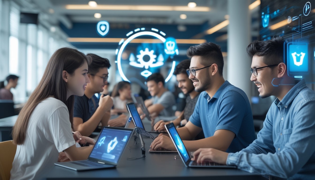 Sekelompok orang muda sedang bermain permainan kartu Ceme secara online di ruang modern dengan suasana cerah dan nyaman.