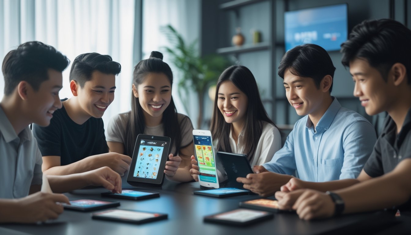 Sekelompok orang muda sedang bermain permainan kartu secara multiplayer menggunakan tablet dan ponsel di meja modern.