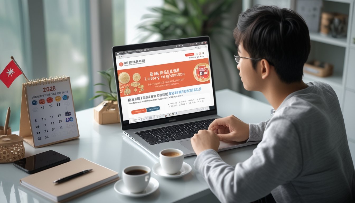 Seseorang duduk di meja kerja dengan laptop yang menampilkan situs pendaftaran togel Taiwan 2026, dikelilingi alat tulis dan dekorasi kecil bertema Taiwan.