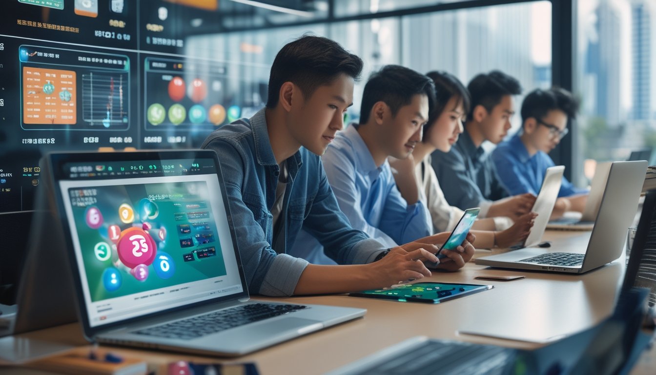 Sekelompok orang muda menggunakan perangkat digital di kantor modern dengan pemandangan kota Taiwan di latar belakang.