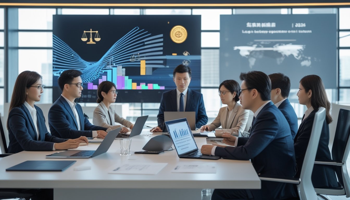 Sekelompok profesional sedang berdiskusi di ruang kantor modern dengan layar digital dan dokumen terkait regulasi bandar togel di Taiwan.