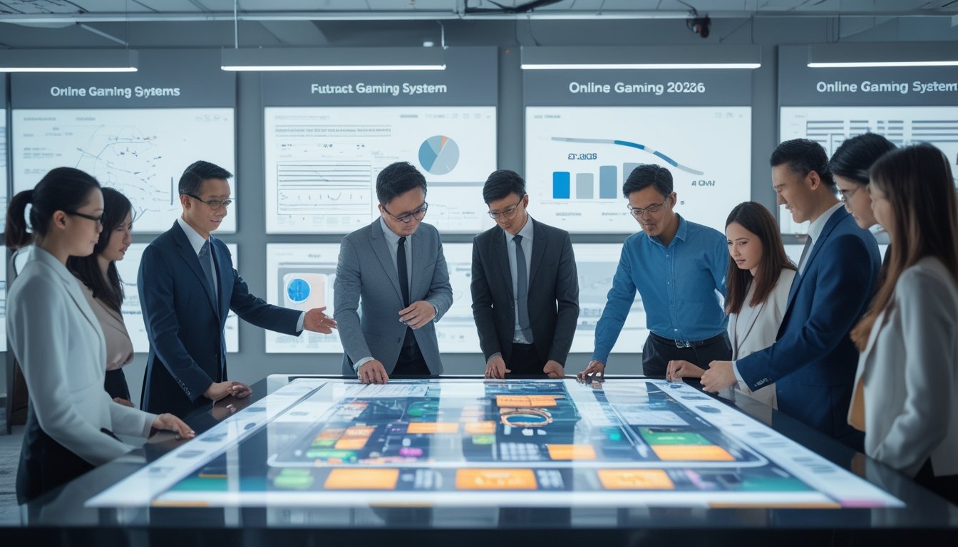 Sekelompok profesional bekerja bersama di kantor modern dengan layar digital besar menampilkan grafik dan peta Taiwan.