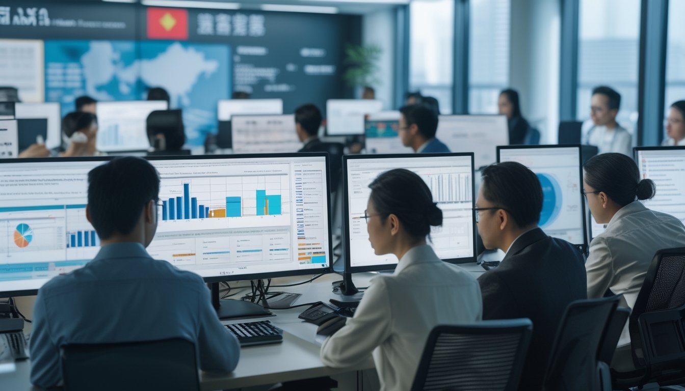 Sekelompok profesional sedang bekerja di kantor dengan layar komputer menampilkan data dan grafik terkait lotere Taiwan.