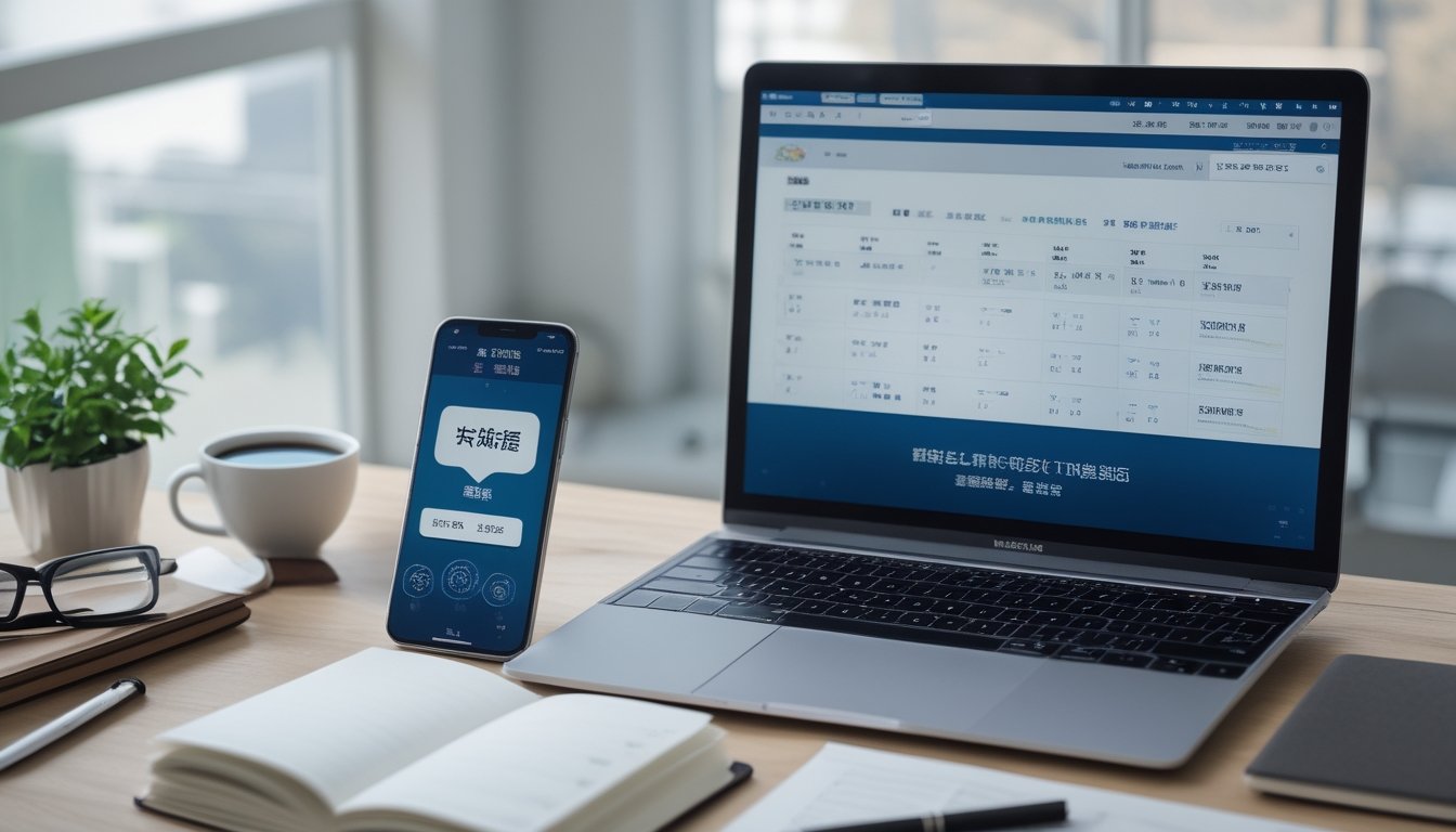 Sebuah meja kerja dengan smartphone dan laptop yang menampilkan antarmuka pendaftaran togel, disertai cangkir kopi dan alat tulis di atas meja.