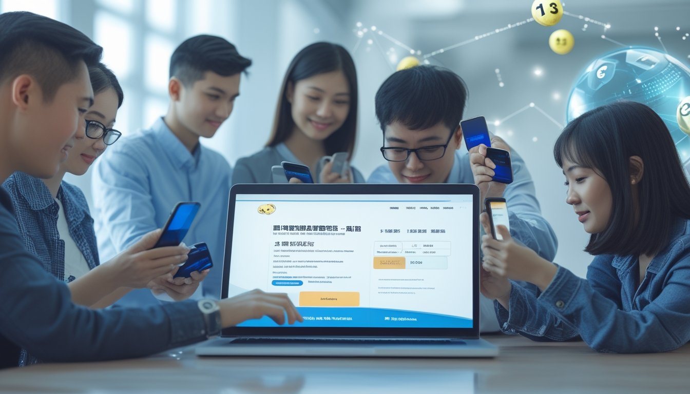 Sekelompok orang muda menggunakan ponsel dan laptop untuk mengakses situs dan aplikasi togel secara online dengan latar belakang grafik digital dan peta Taiwan.