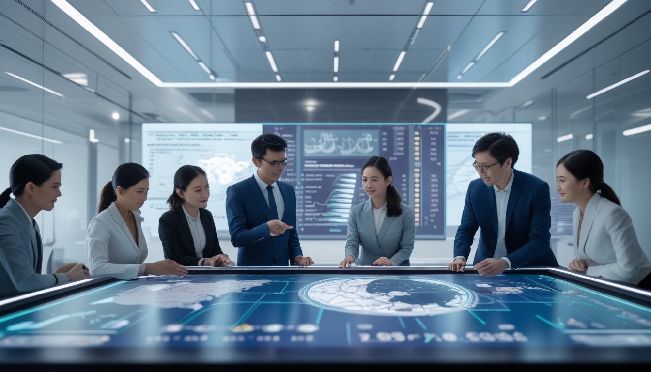 Sekelompok profesional bekerja bersama di kantor modern dengan layar digital besar yang menampilkan grafik dan data terkait Taiwan tahun 2026.