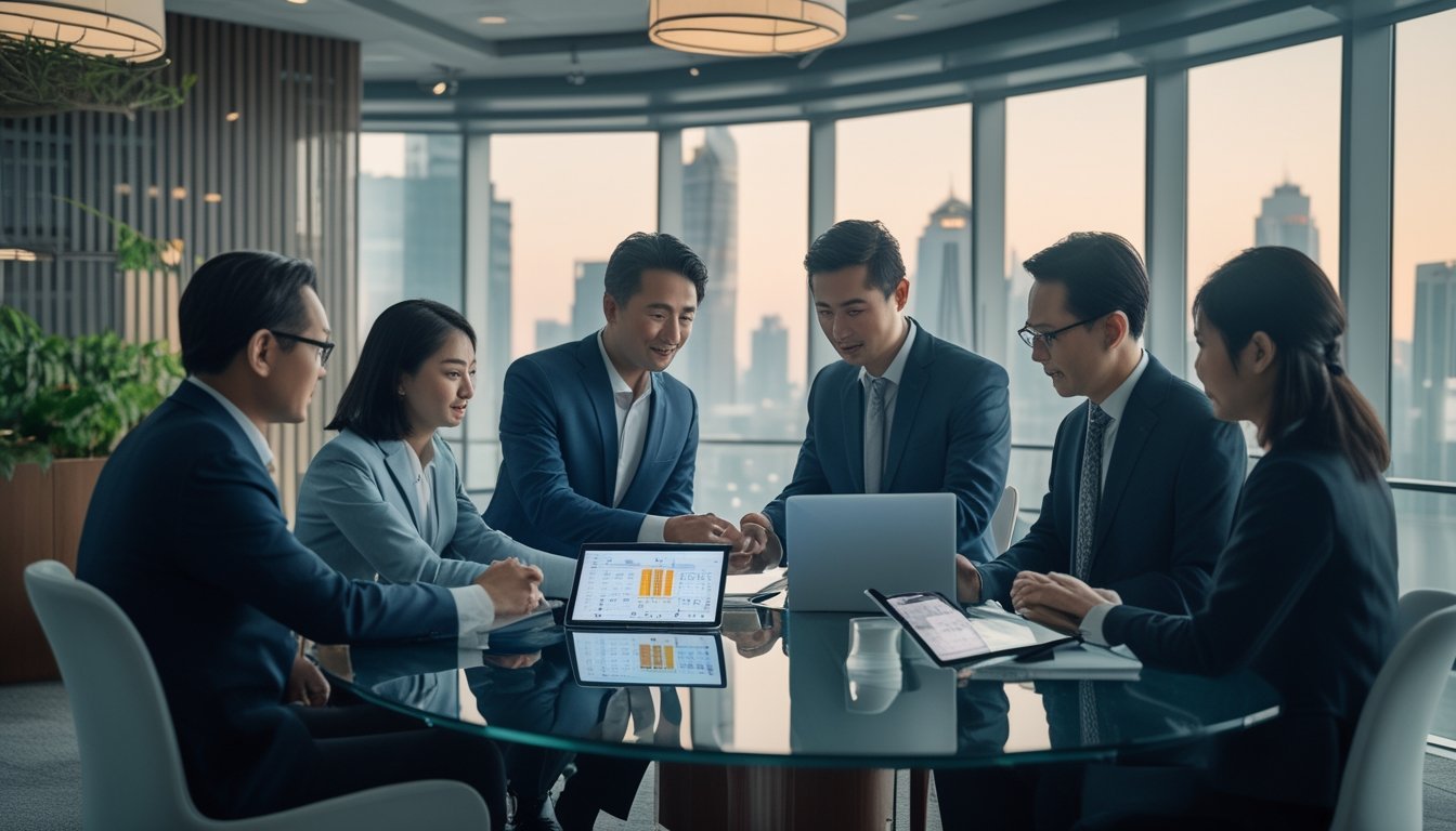 Sekelompok profesional berdiskusi di ruang kantor modern dengan latar kota Taiwan, fokus pada analisis data terkait bandar togel.