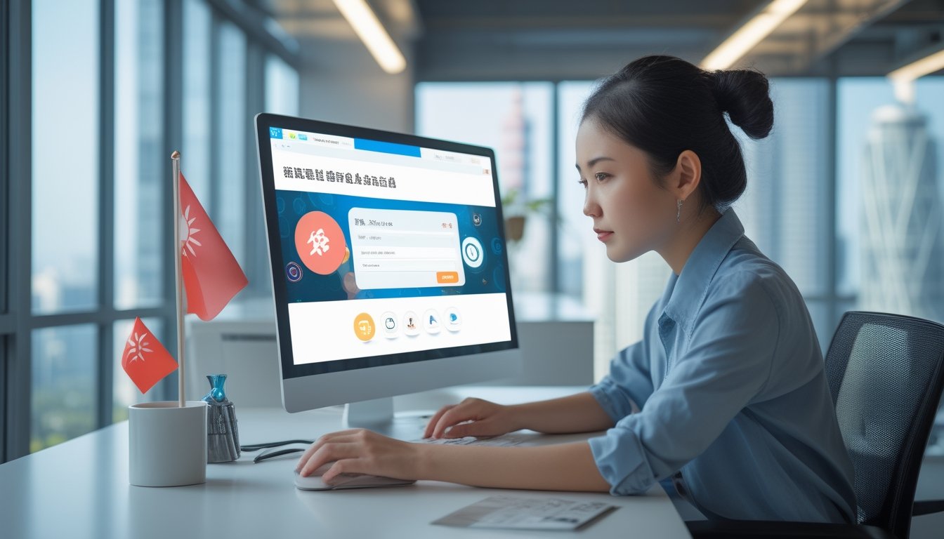 Seorang wanita muda sedang menggunakan laptop di kantor modern dengan pemandangan kota Taipei di belakangnya.